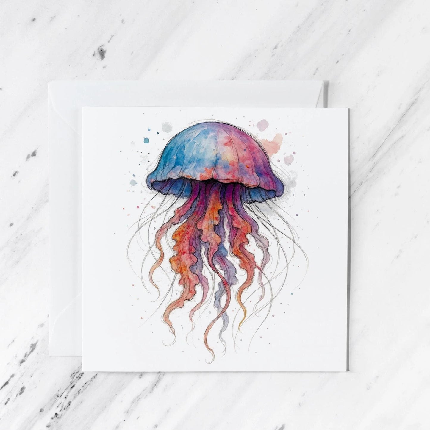 Jellyfish Watercolour Greeting Card featuring pencil sketch ocean illustration, illustrated greeting card