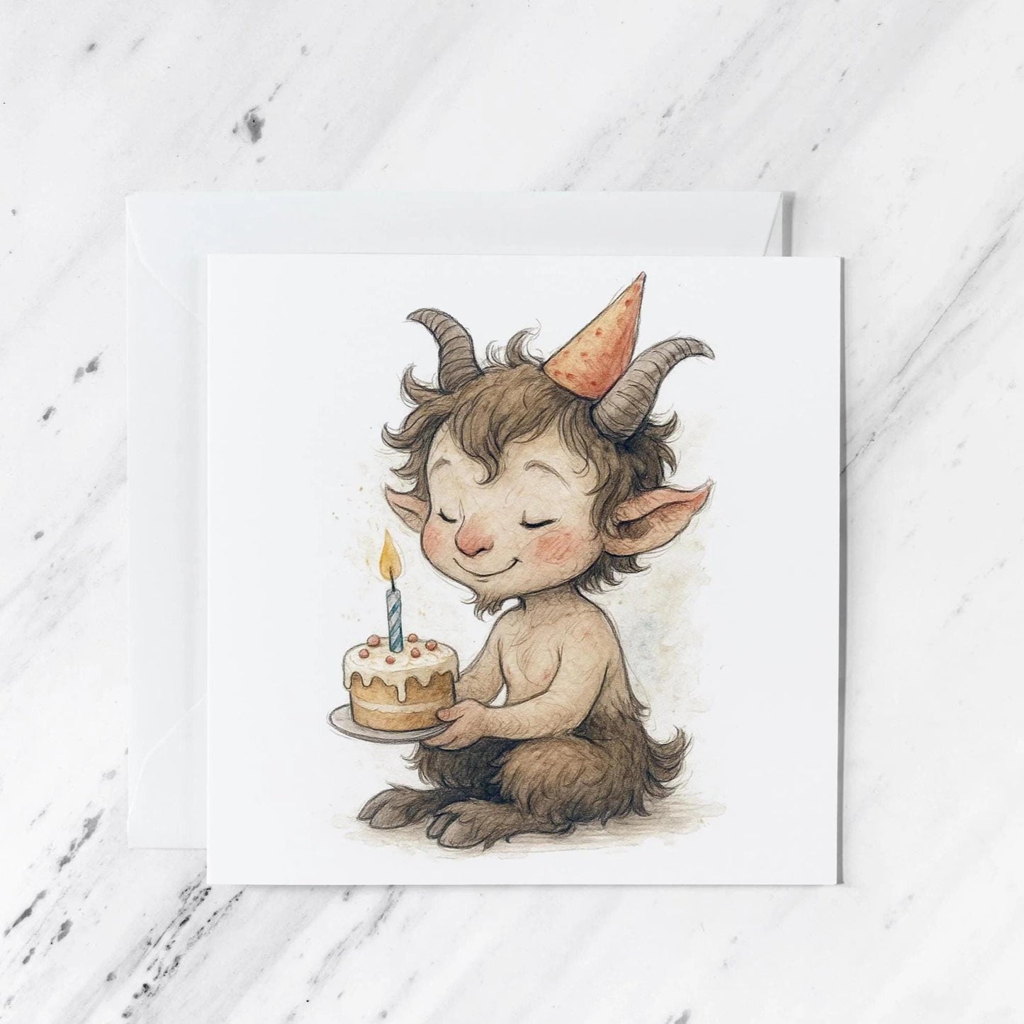 Whimsical Faun Birthday Card featuring watercolour woodland creature illustration, illustrated greeting card