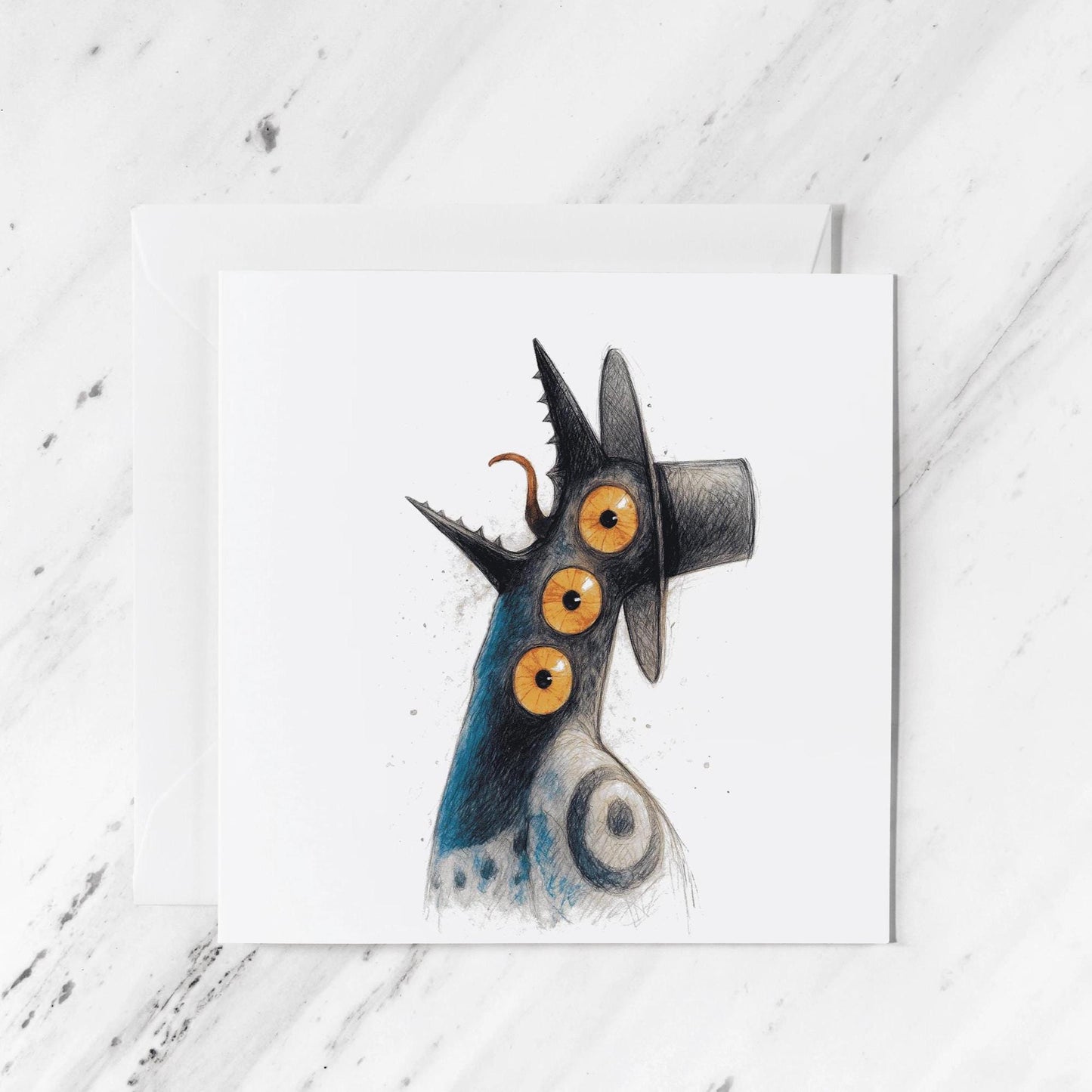 Gothic Demon Magpie Card featuring watercolour anime illustration, illustrated greeting card