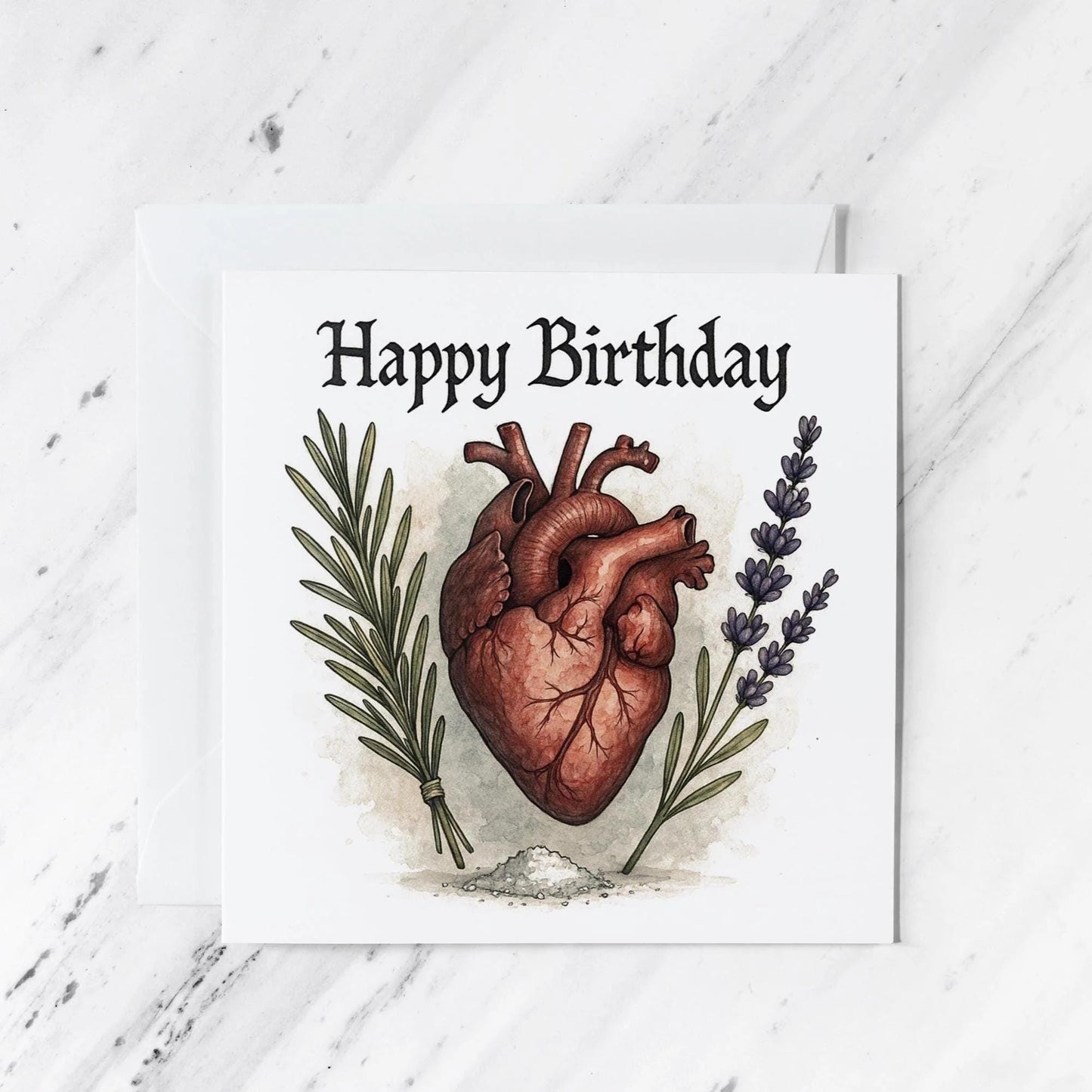 Anatomical Heart Card featuring gothic rosemary lavender watercolour illustration, illustrated greeting card