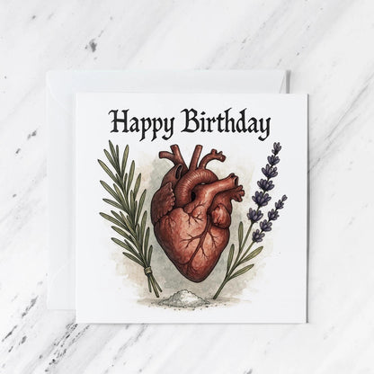 Anatomical Heart Card featuring gothic rosemary lavender watercolour illustration, illustrated greeting card