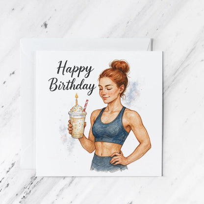 Fitness Woman Birthday Card featuring watercolour style illustration, fitness drink, illustrated greeting card