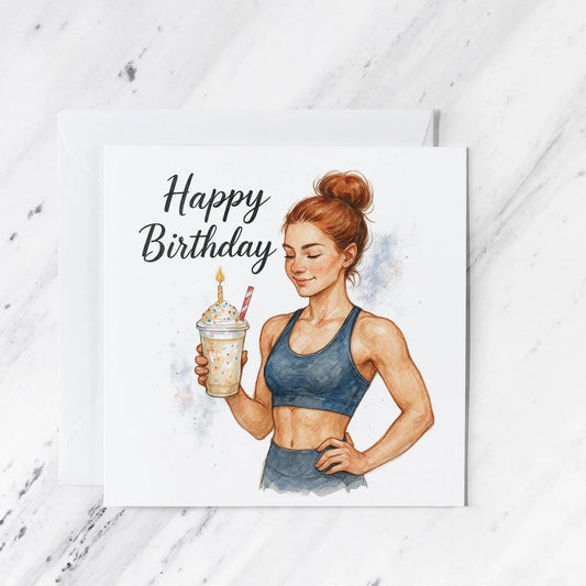 Fitness Woman Birthday Card featuring watercolour style illustration, fitness drink, illustrated greeting card