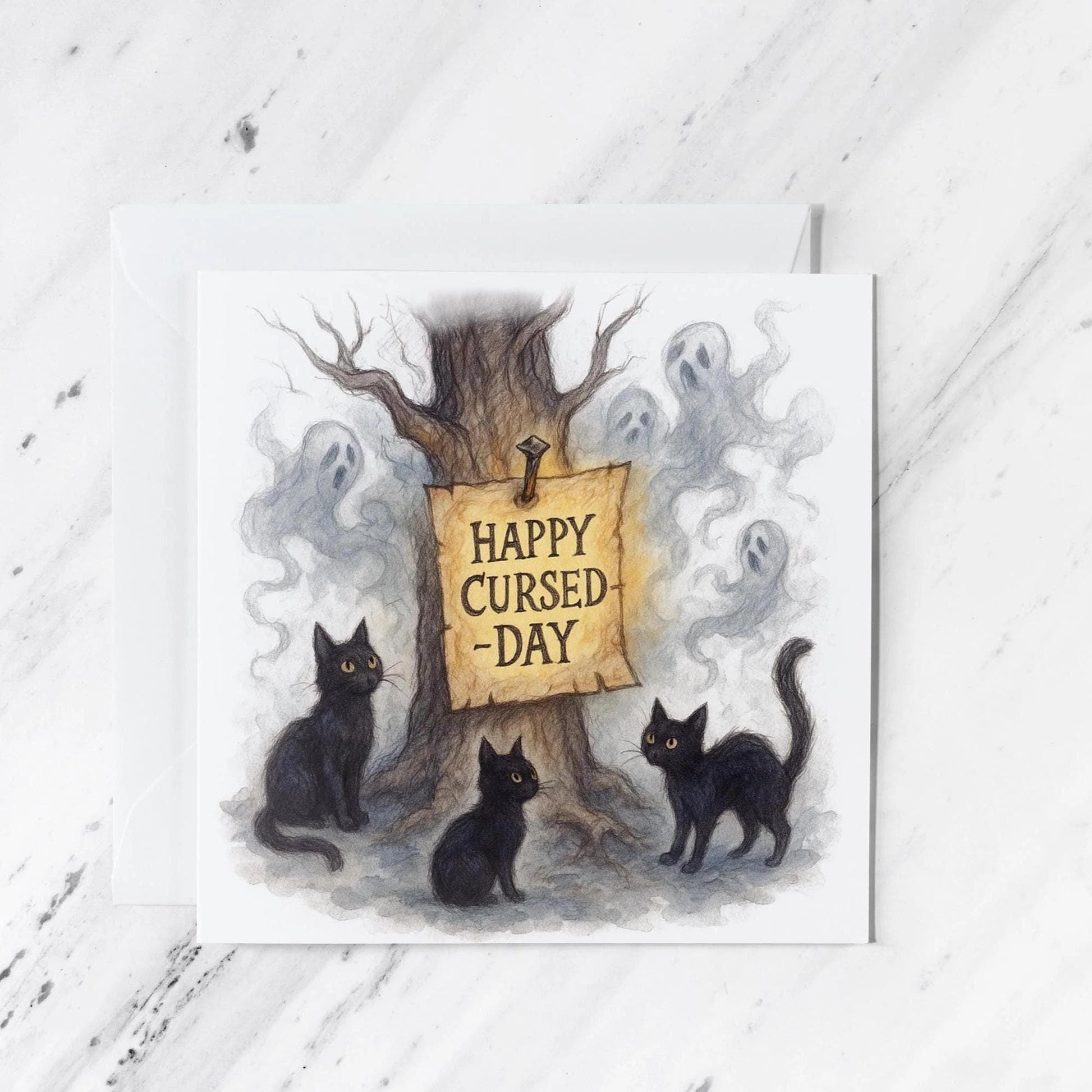 Gothic Black Cats Ghosts Greeting Card, illustrated greeting card
