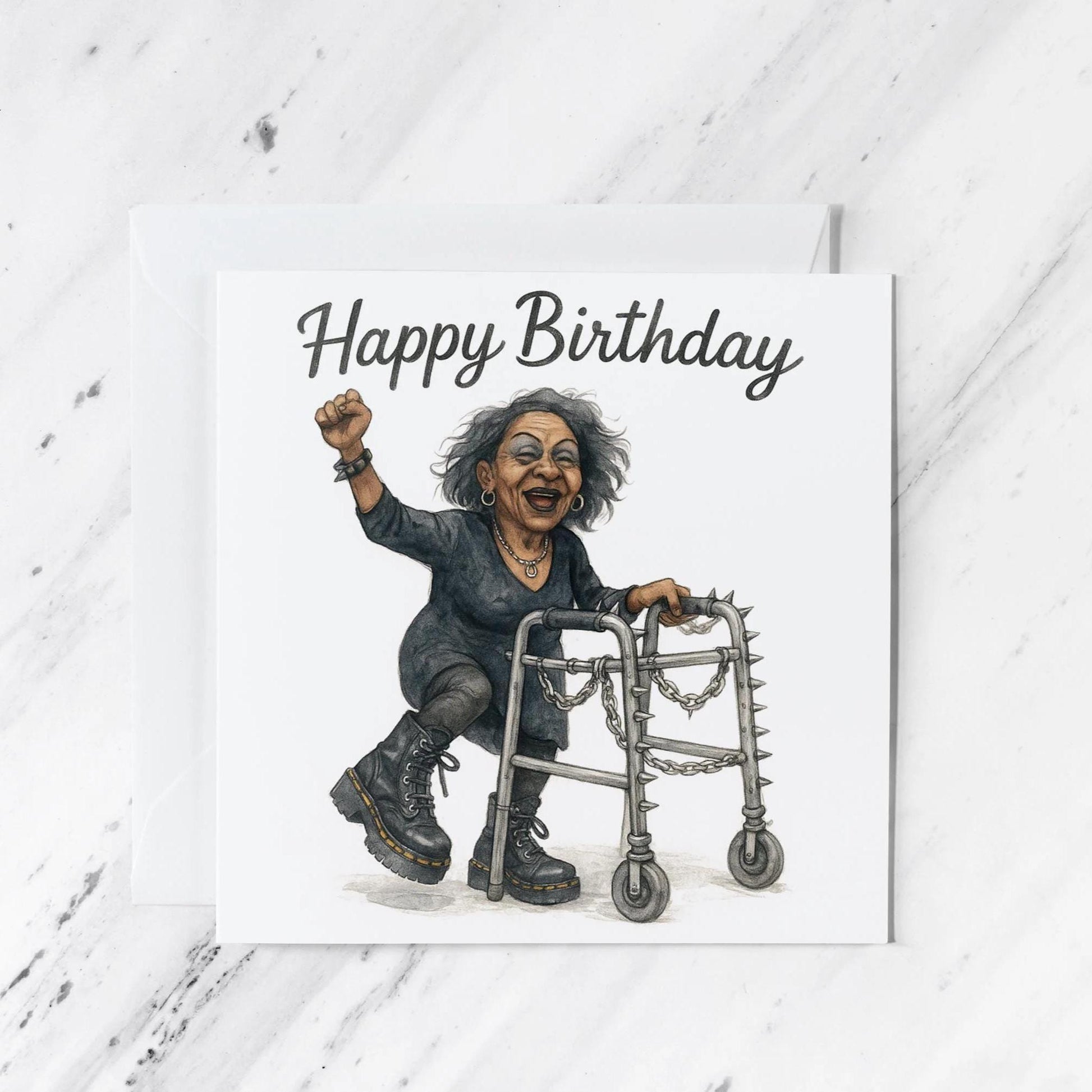 Goth Punk Grandma Birthday Card featuring spiked walker watercolour illustration, illustrated greeting card