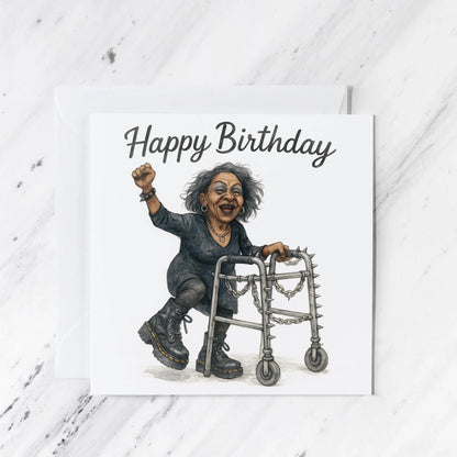 Goth Punk Grandma Birthday Card featuring spiked walker watercolour illustration, illustrated greeting card