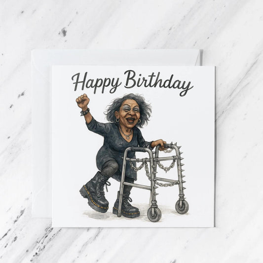 Goth Punk Grandma Birthday Card featuring spiked walker watercolour illustration, illustrated greeting card