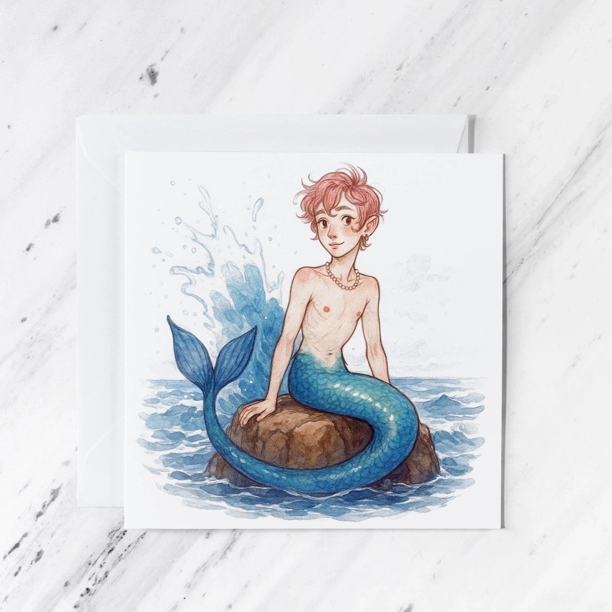 Merman Watercolour Greeting Card featuring fantasy illustration, illustrated greeting card