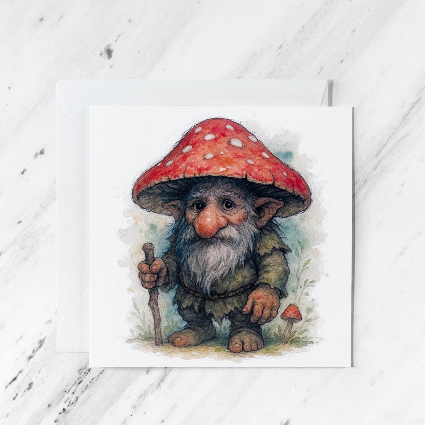Forest Gnome Greeting Card featuring toadstool watercolour illustration, illustrated greeting card