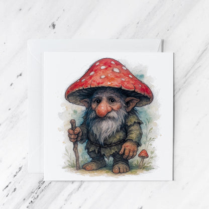 Forest Gnome Greeting Card featuring toadstool watercolour illustration, illustrated greeting card