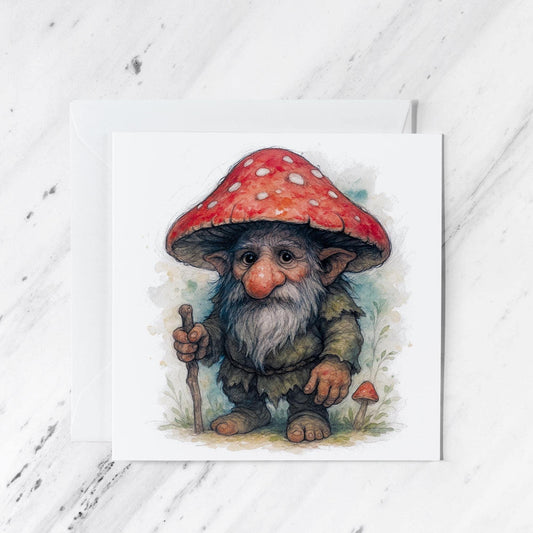 Forest Gnome Greeting Card featuring toadstool watercolour illustration, illustrated greeting card