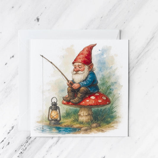 Fishing Gnome Watercolour Greeting Card featuring woodland whimsical greeting, illustrated greeting card