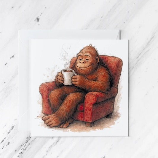 Bigfoot Watercolour Greeting Card featuring relaxing in armchair, illustrated greeting card