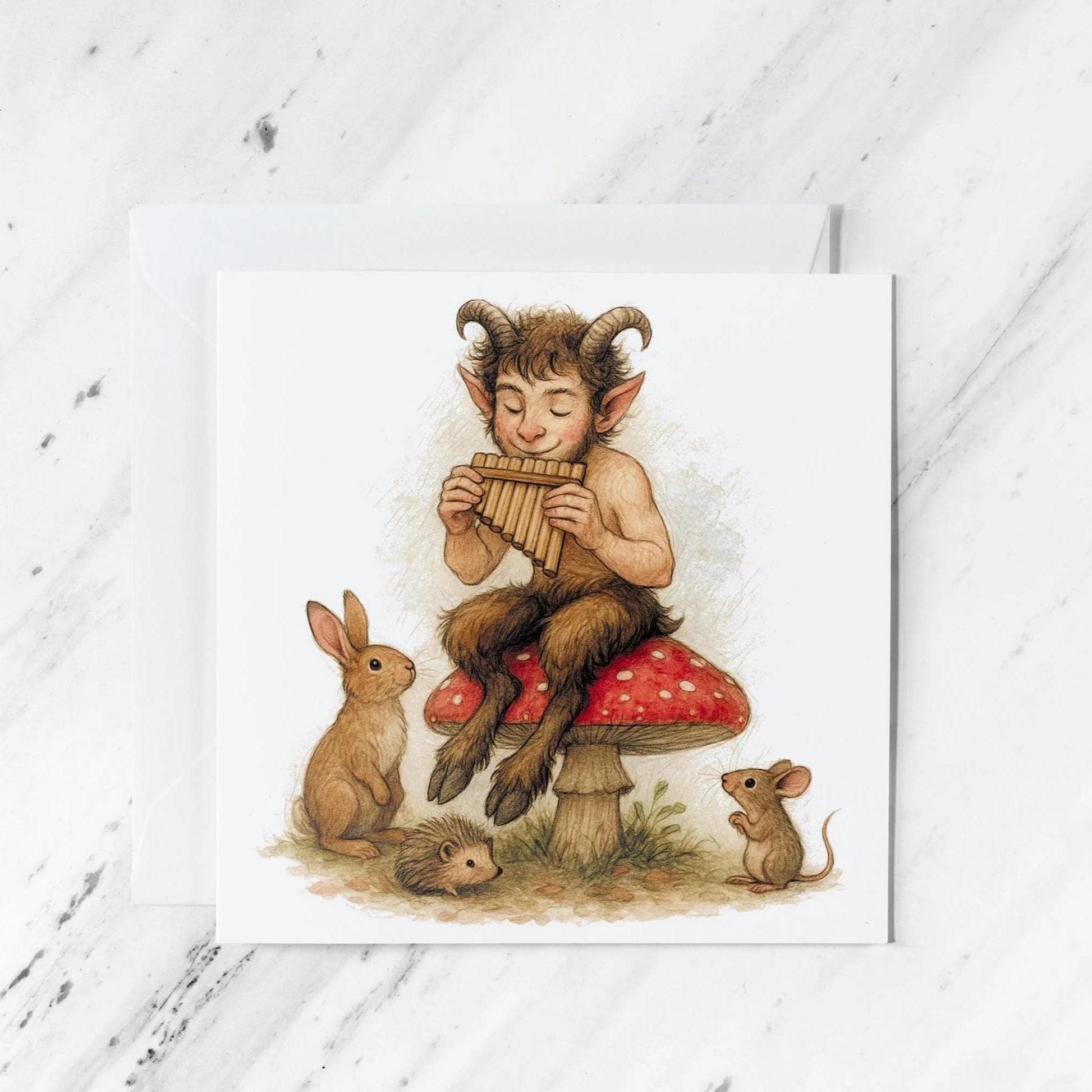 Woodland Satyr Pan Pipes Greeting Card featuring watercolour fantasy illustration, woodland animals, illustrated greeting card
