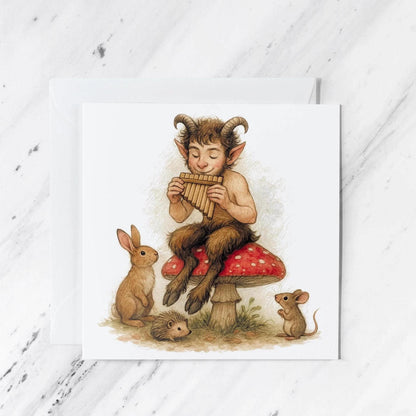 Woodland Satyr Pan Pipes Greeting Card featuring watercolour fantasy illustration, woodland animals, illustrated greeting card