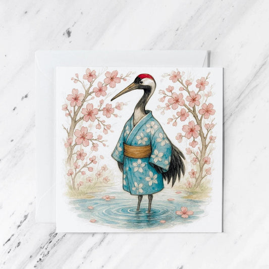 Crane in Kimono Greeting Card featuring cherry blossom watercolour illustration, illustrated greeting card