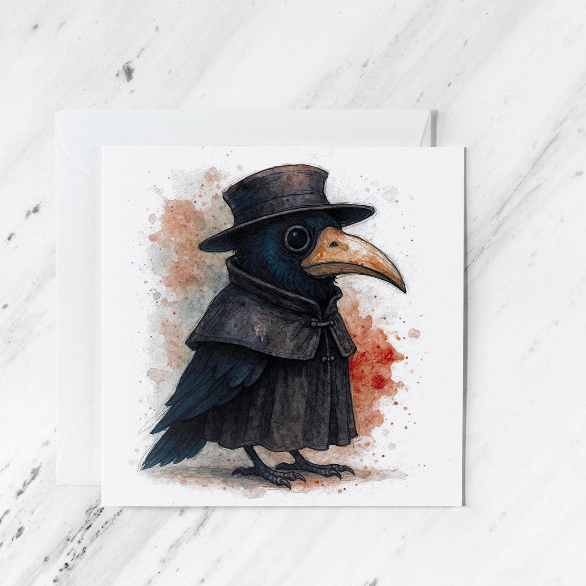 Plague Doctor Crow Card featuring gothic watercolour illustration, illustrated greeting card