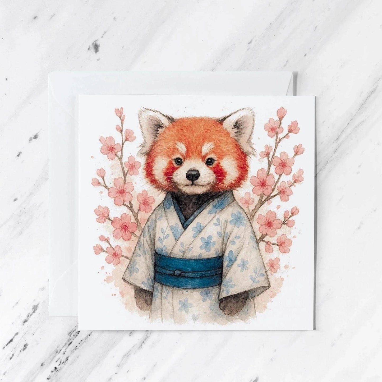 Red Panda Kimono Greeting Card | Watercolour Cherry Blossom Illustration