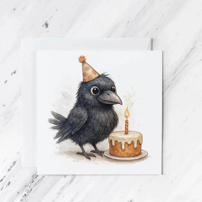 Gothic Raven Birthday Card | Crow with Cake Illustration, Dark Humour Greeting