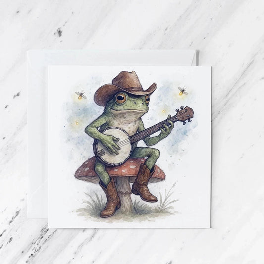 Banjo Frog Cowboy Greeting Card | Watercolour Illustration