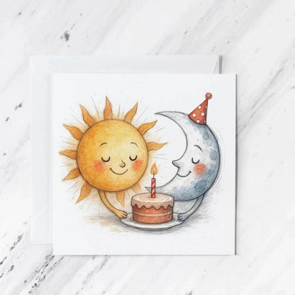 Sun and Moon Birthday Card | Whimsical Watercolour Illustration