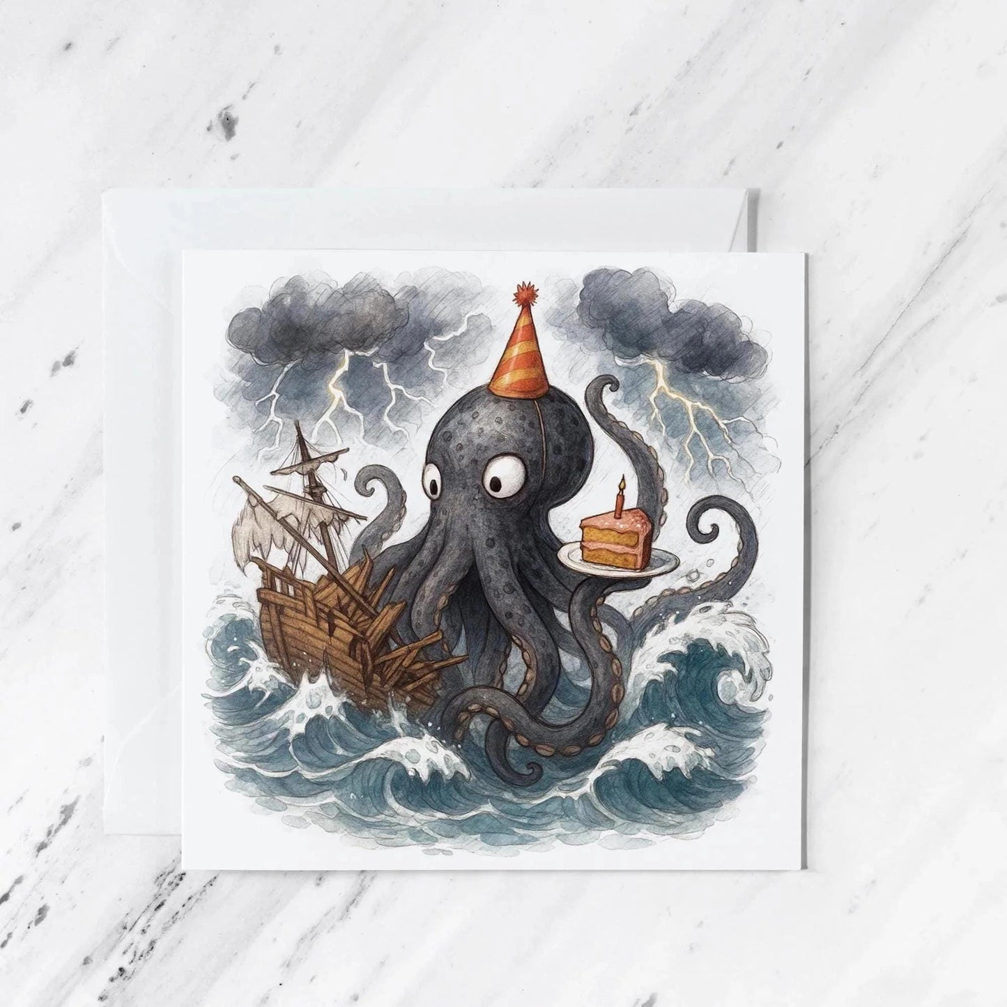 Kraken Ship Birthday Card | Watercolour Illustration