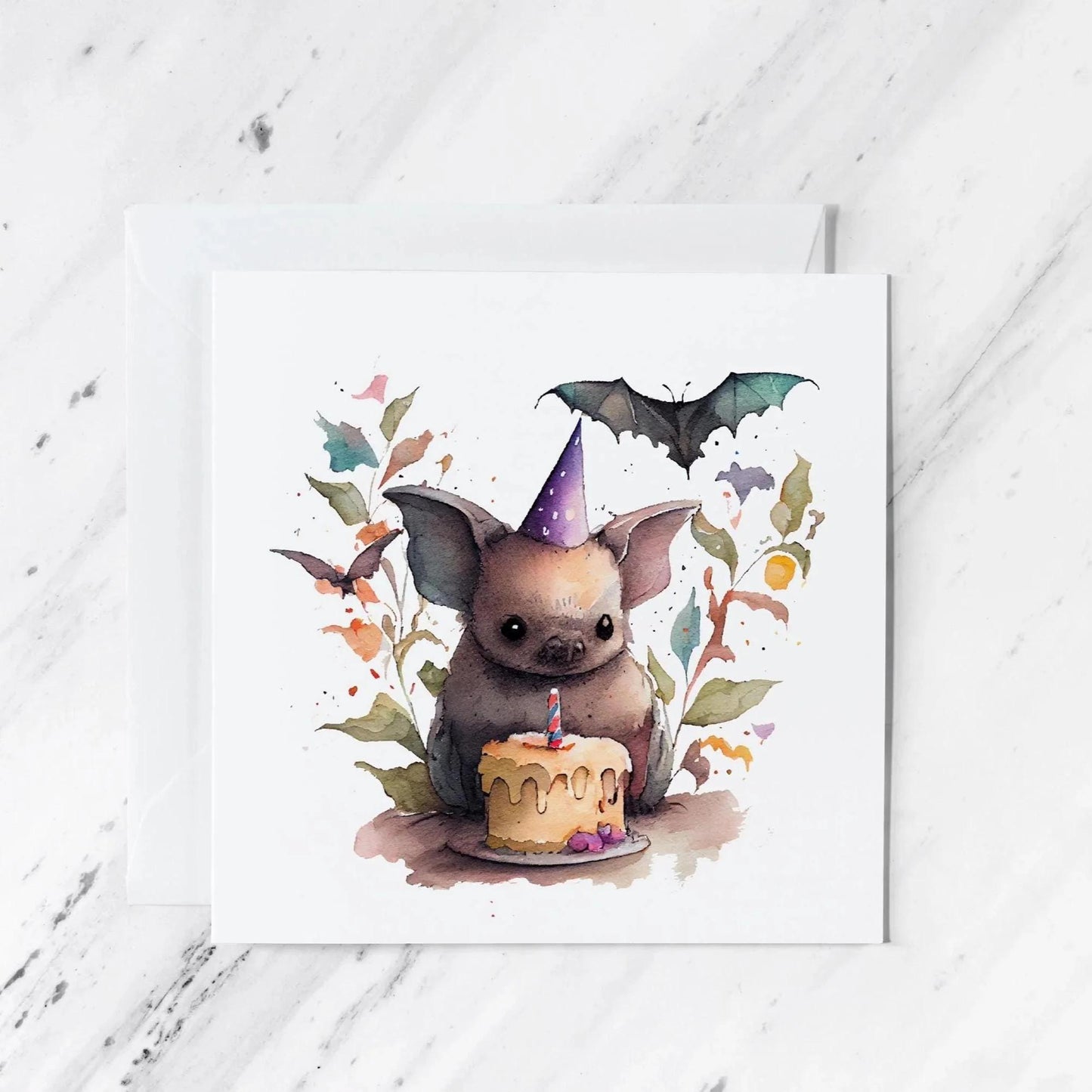 Handmade Watercolour Bat Birthday Card | Whimsical Animal Art | Party Hat