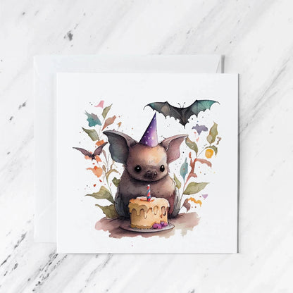 Handmade Watercolour Bat Birthday Card | Whimsical Animal Art | Party Hat