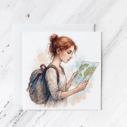 Travel Lover Birthday Card | World Map Girl Illustration | Wanderlust Gift