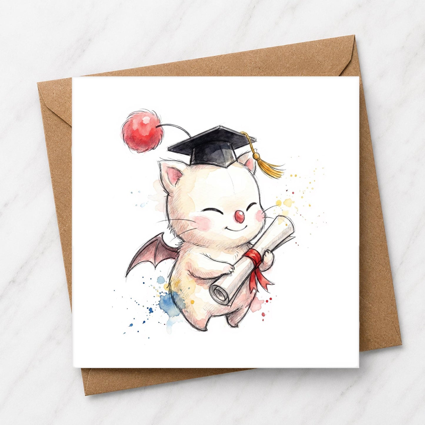 Fantasy Graduation Card | Watercolour Moogle Illustration, Gamer Graduate Congratulations