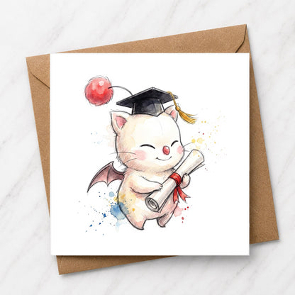 Fantasy Graduation Card | Watercolour Moogle Illustration, Gamer Graduate Congratulations