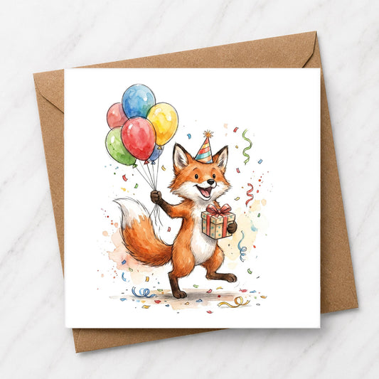 Fox Balloons Birthday Card | Woodland Watercolour Illustration