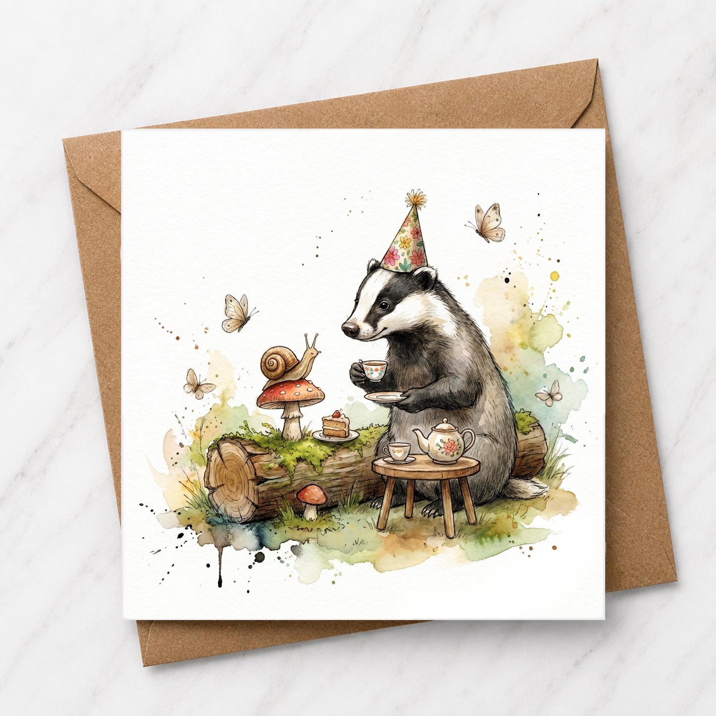 Badger Birthday Card | Woodland Tea Party Watercolour Illustration