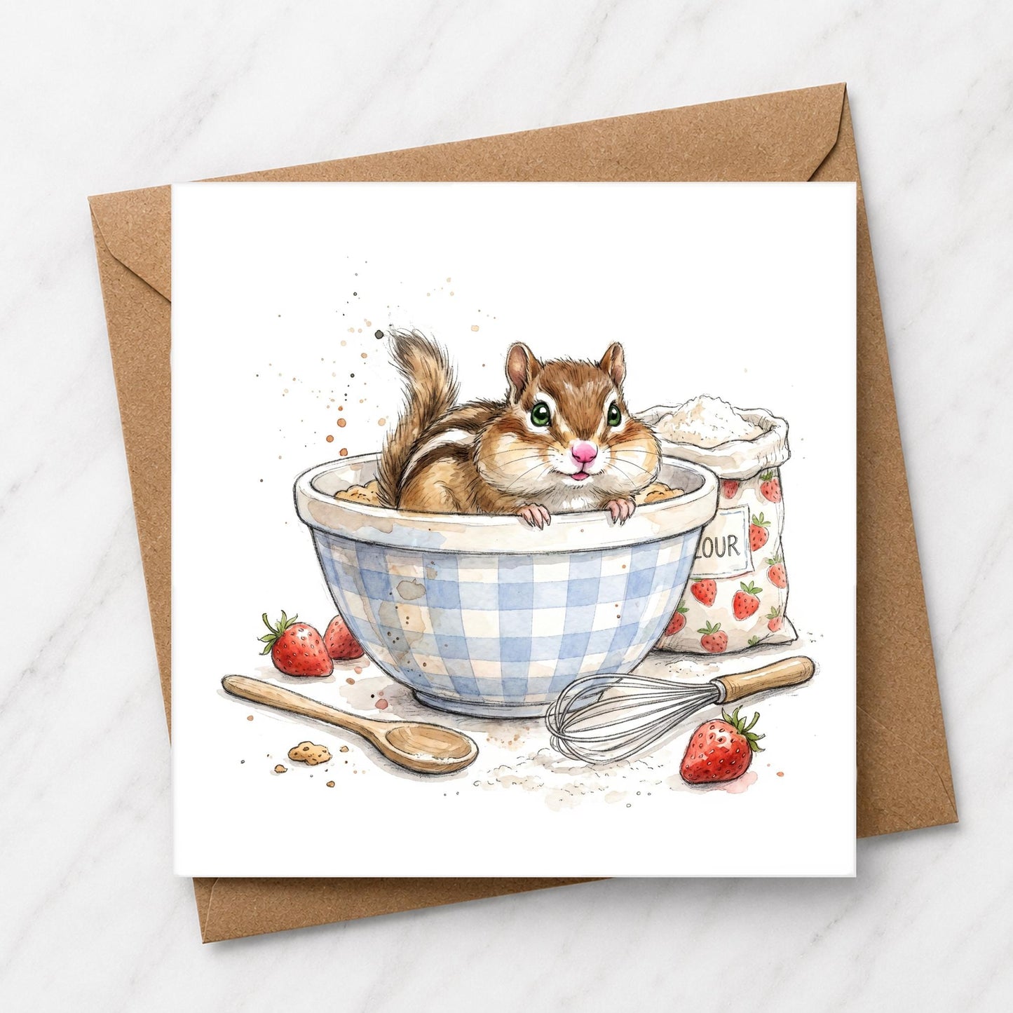 Chipmunk Baking Birthday Card | Watercolour Illustration, Woodland Greeting