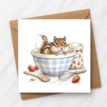 Chipmunk Baking Birthday Card | Watercolour Illustration, Woodland Greeting