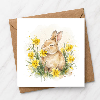 Rabbit and Daffodils Card | Watercolour Illustration | Spring Bunny Greeting Card | Nature Lover Gift