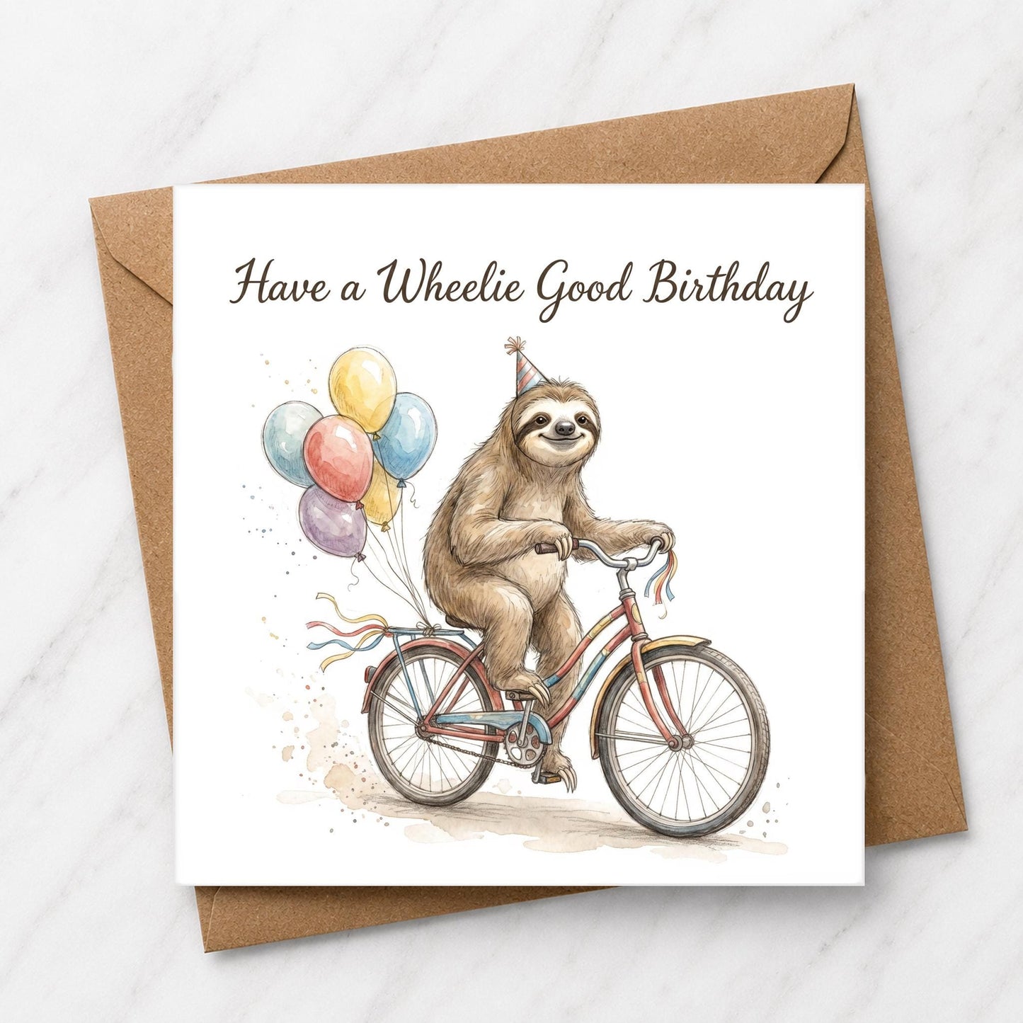 Sloth Birthday Card | Watercolour Bicycle | Have a Wheelie Good Birthday