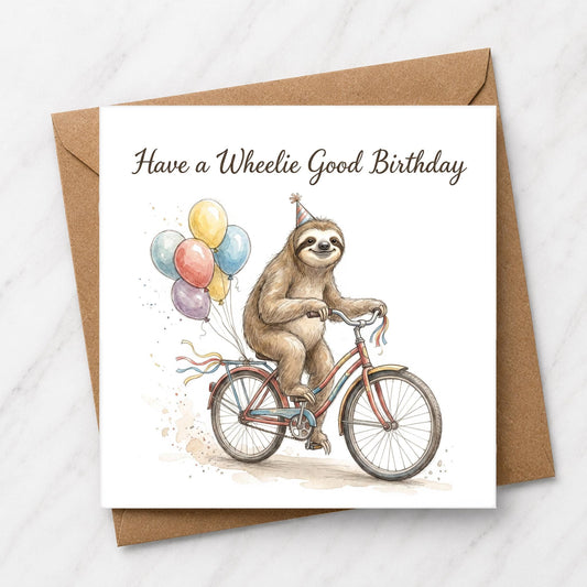 Sloth Birthday Card | Bicycle Watercolour Illustration