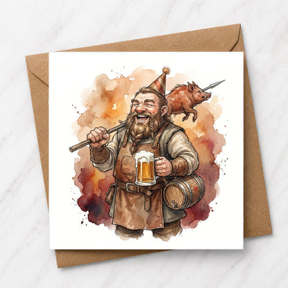 Dwarf Birthday Card, Tavern Feast, Watercolour Fantasy Art, RPG Gamer Greeting