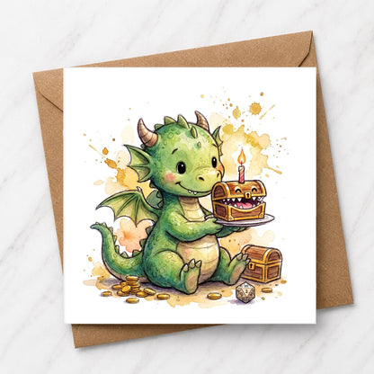 Baby Dragon Birthday Card, Watercolour Fantasy RPG Greeting, Treasure Chest Cake Illustration