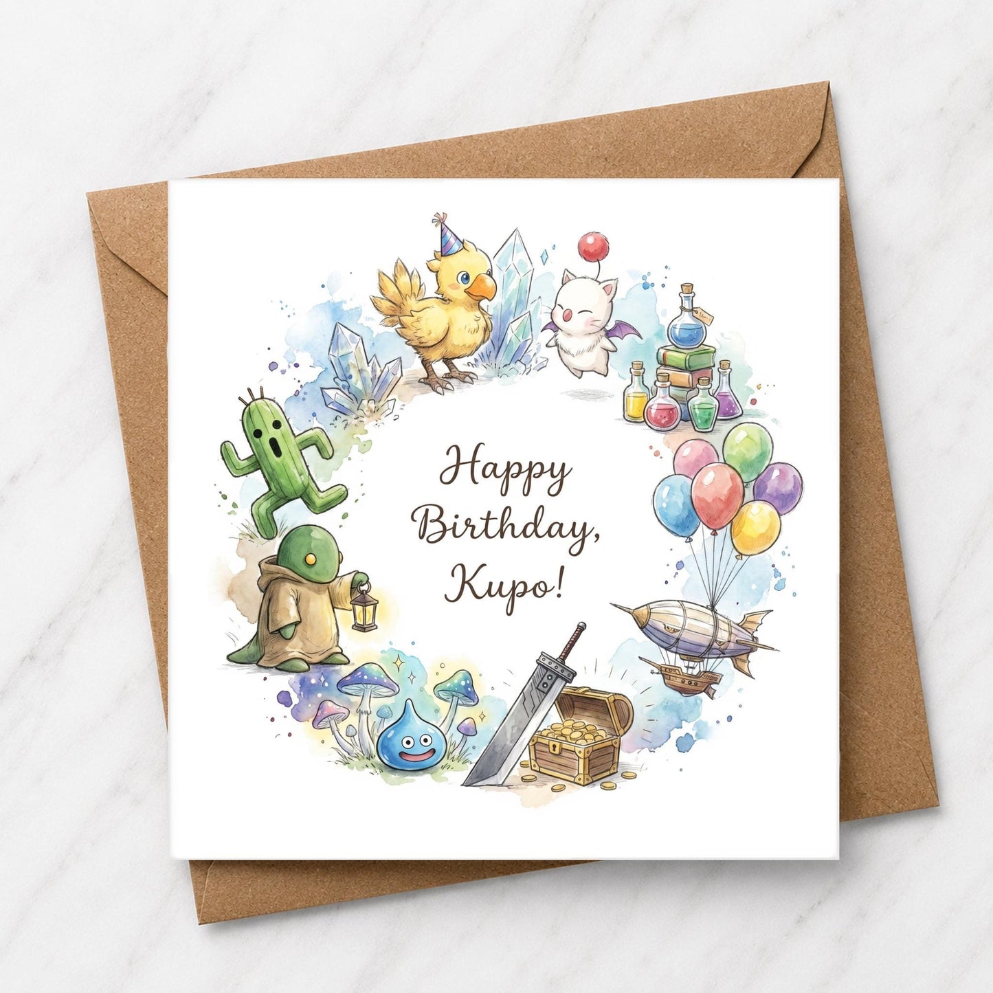 Fantasy Gamer Birthday Card, Chocobo Moogle Greeting, RPG Watercolour Art, Happy Birthday Kupo