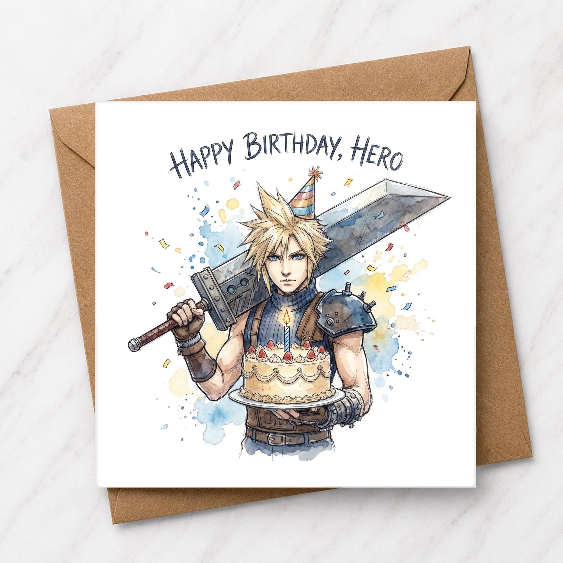 A square birthday card with a white front, featuring an illustrated character holding a cake and a large sword, with the text 'Happy Birthday, Hero.' The card is shown with a brown envelope on a light marble surface.