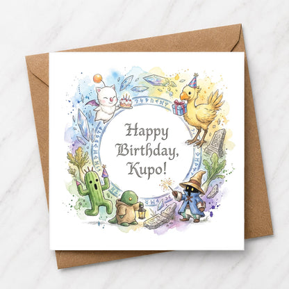Fantasy Gamer Birthday Card, Chocobo Moogle Tonberry Black Mage Greeting, Watercolour Sketch Style