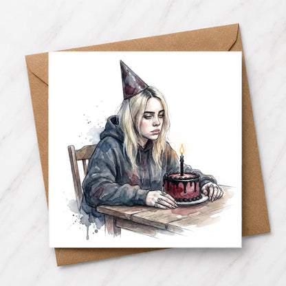 Moody Watercolour Birthday Card, Goth Alternative Greeting, Introvert Sad Cake Illustration