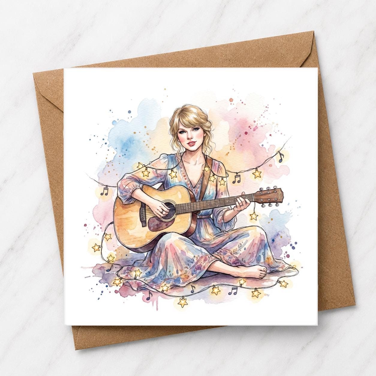 Folk Music Inspired Guitar Greeting Card, Watercolour Singer Artwork, Blank Birthday Card