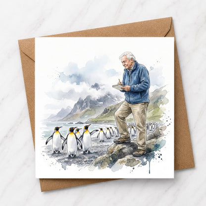 Penguin Birthday Card, Watercolour Pencil Wildlife Illustration, Nature Lover Greeting Card