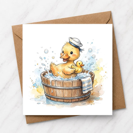 Duckling Bath Time Greeting Card | Watercolour Illustration
