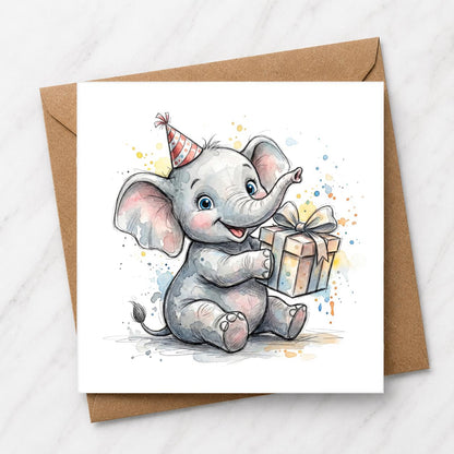 Baby Elephant Birthday Card, Watercolour Animal Greeting, Children's Gift
