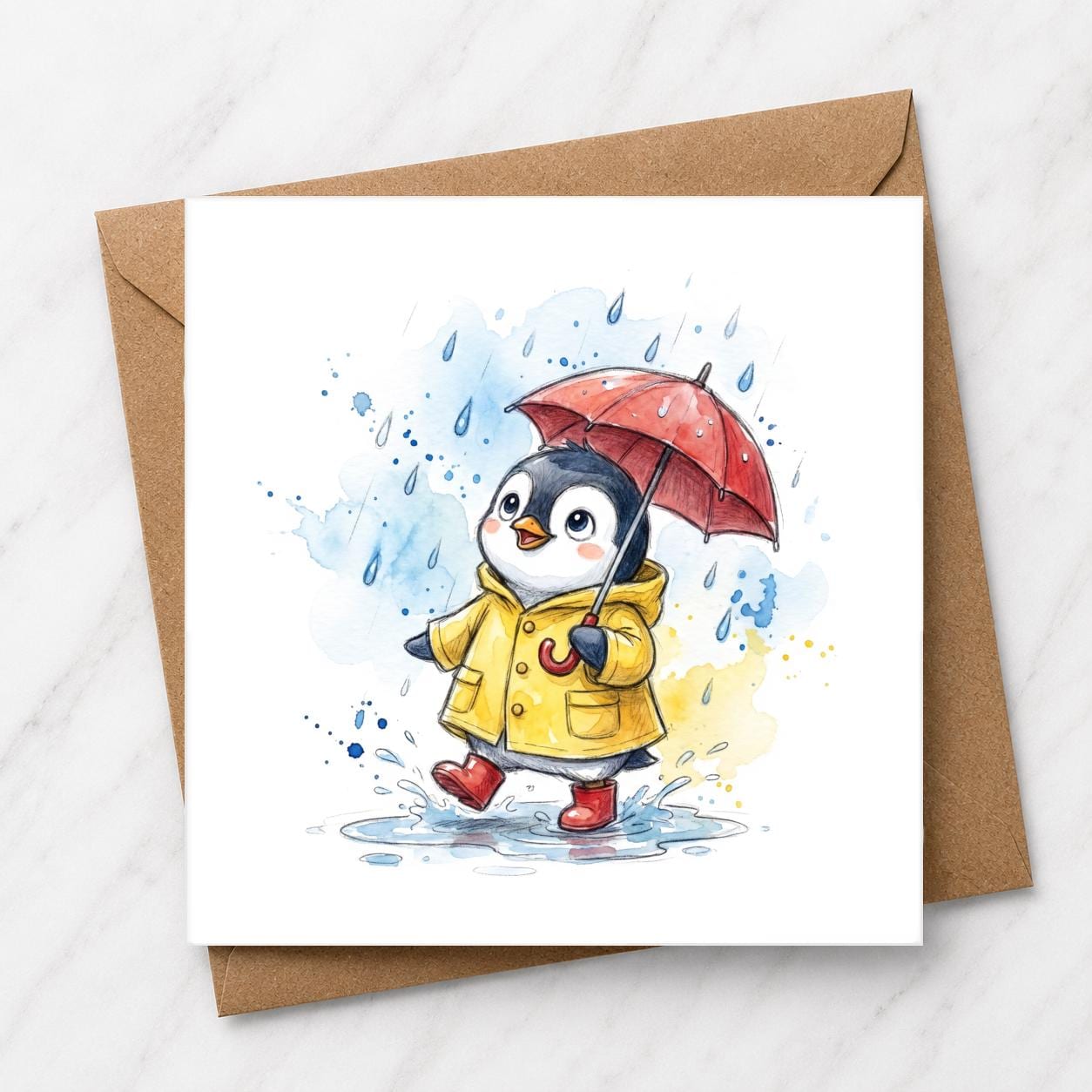 Penguin Rainy Day Card, Watercolour Illustration, Yellow Raincoat, Animal Lover Gift