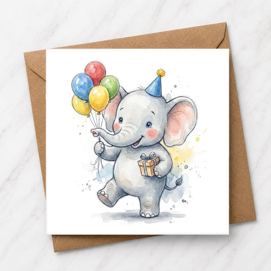 Baby Elephant Balloons Birthday Card | Watercolour Illustration